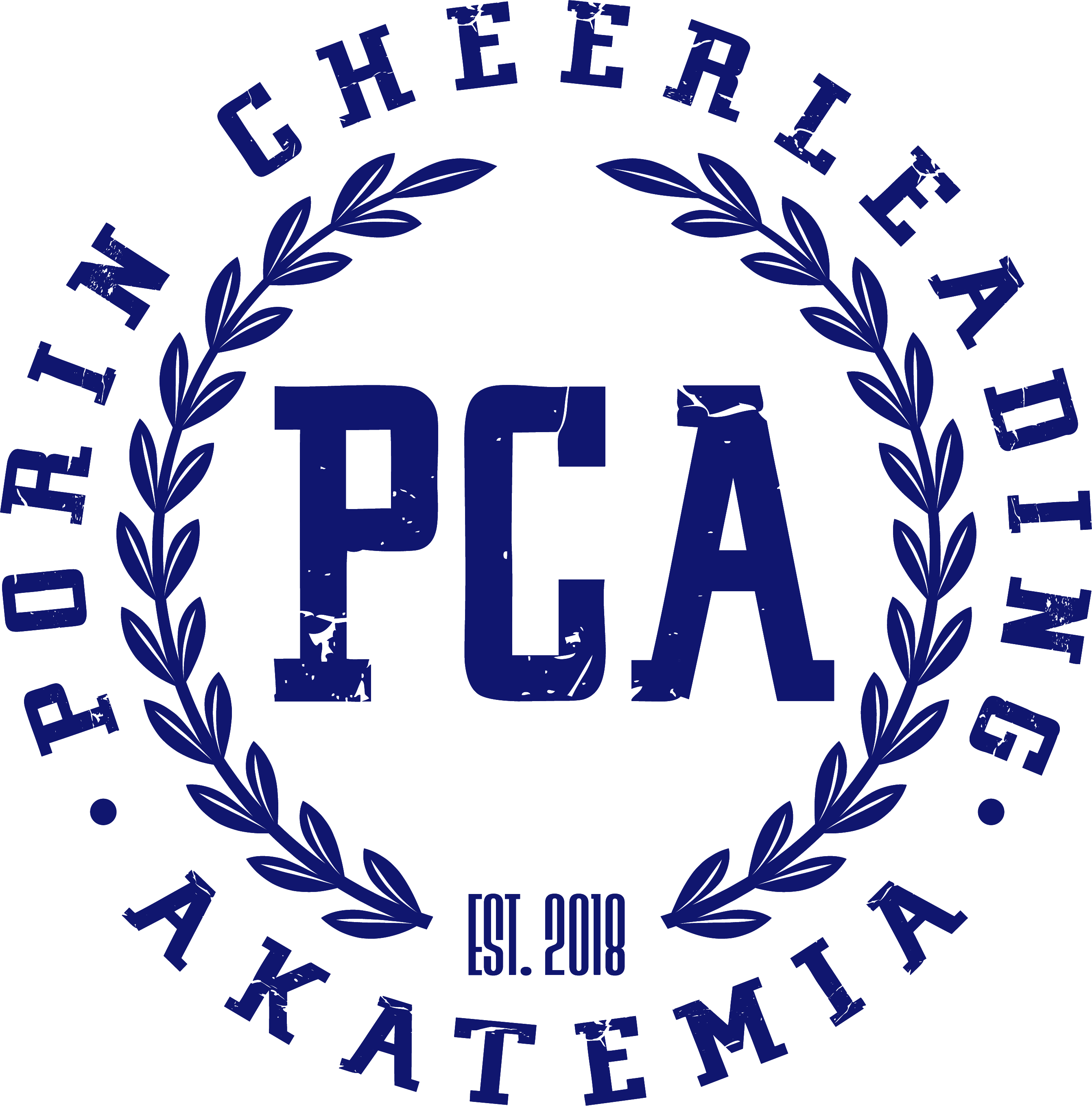 Porin Cheerleading akatemian tummansininen logo, jossa myös seuran lyhenne PCA